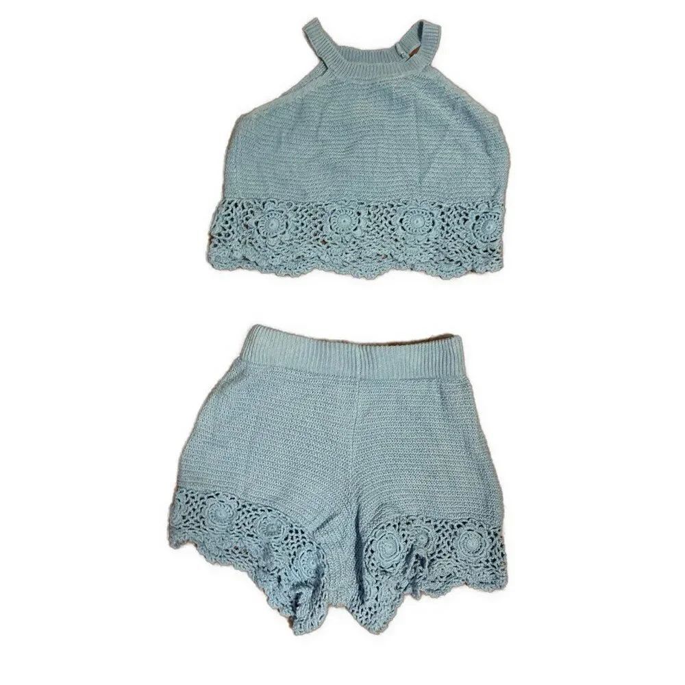 sincerely jules 2 piece set Solid Sky Blue Knit Crop Tank Top Shorts Medium
